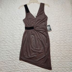 Express Brown Shimmer Black Detail Ruched Asymmetrical Sleeveless Dress Size XS